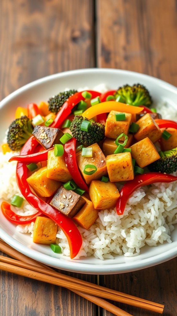 A colorful vegan stir-fry with tofu, bell peppers, broccoli, served over rice, garnished with green onions and sesame seeds.